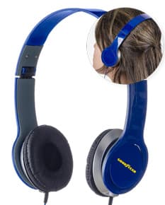Fone de Ouvido Portátil preto com design dobrável e almofadas acolchoadas.
