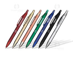 Caneta metal touch colorida em tons de rosa, laranja, preto e amarelo, com ponta para escrita e indicador de luz. Ideal para