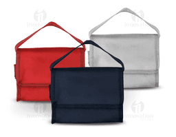 Bolsa térmica em TNT marrom com alça de couro, zipper preto e acabamento elegante. A bolsa está vazia e aberta, mostrando seu