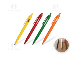 Sign, 3D yellow design icon of a plastic pen on a label banner. The image features a warning message symbol with a black