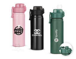 Garrafa térmica de 680ml em metal prateado, com tampa e design clean. Ideal para líquidos quentes ou frios.