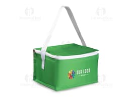 Bolsa térmica em poliéster 600D amarela com alça de metal e laço de fita, design moderno e resistente. Ideal para transporte