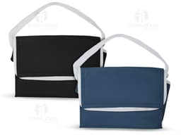 Bolsa térmica em poliéster 600D amarela com alça de metal e laço de fita, design moderno e resistente. Ideal para transporte