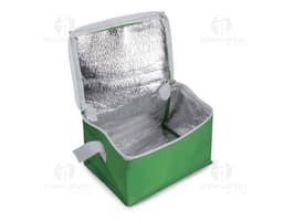 Bolsa térmica em poliéster 600D amarela com alça de metal e laço de fita, design moderno e resistente. Ideal para transporte