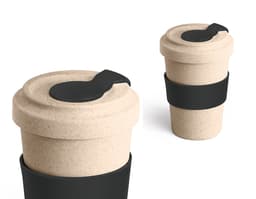 Copos para viagem de 450ml feitos de fibra de bambu. A imagem mostra um copo colorido em um design 3D com detalhes como fita