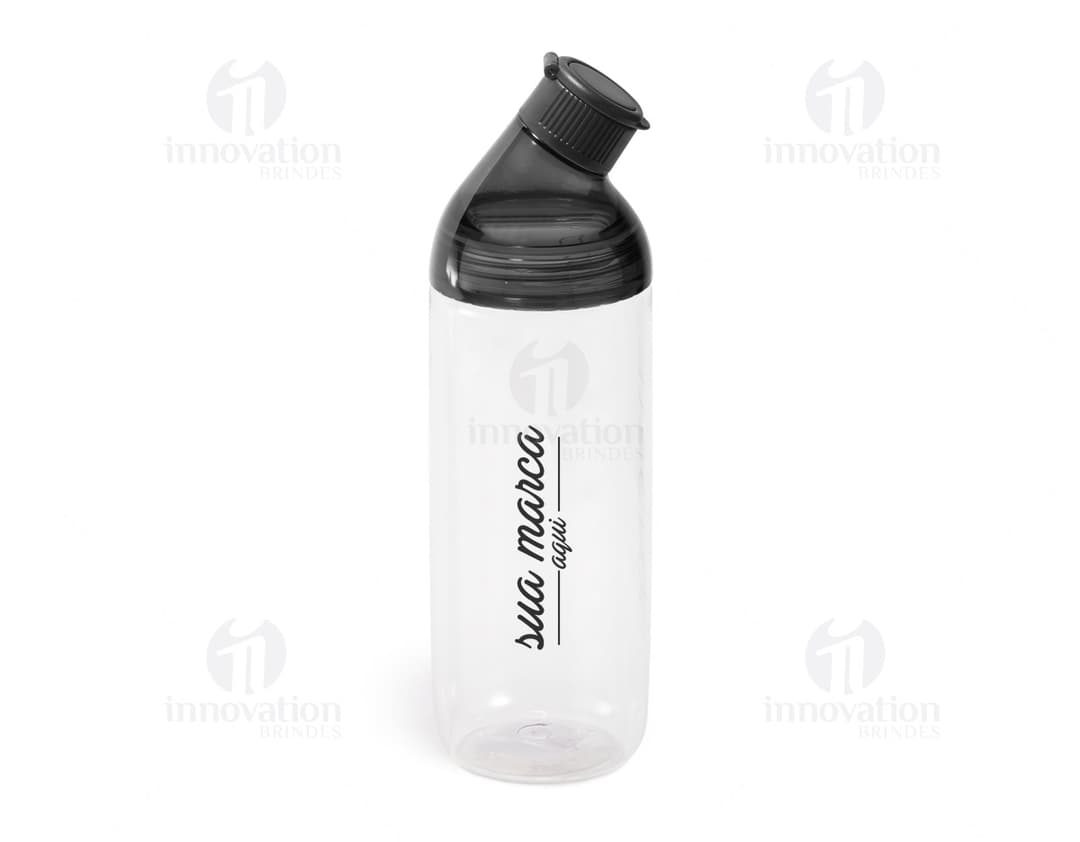 Bottle plastic de 900ml com tampa amarela. A imagem mostra um squeeze transparente, clean e fresh, adequado para armazenar
