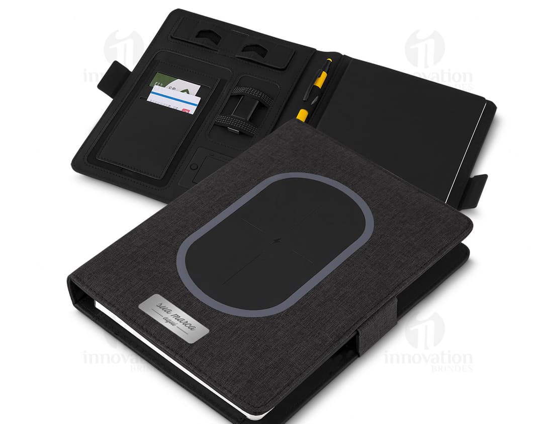 Bloco de anotações com powerbank para armazenar suas ideias e manter seus dispositivos carregados. Perfeito para uso pessoal