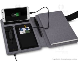 Bloco de Anotações com Powerbank - O acessório perfeito para manter suas anotações organizadas e nunca ficar sem bateria.