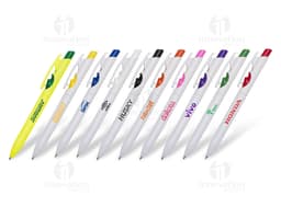 Caneta plástica personalizada de alta qualidade para brindes e eventos. Design moderno e cores vibrantes. Ideal para uma