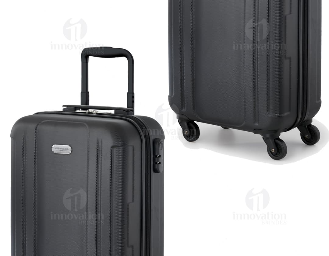Mala de viagem preta em 3D, moderna e vazia, feita de couro e metal, com alça, design elegante, botão de fecho e estilo