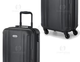 Mala de viagem preta em 3D, moderna e vazia, feita de couro e metal, com alça, design elegante, botão de fecho e estilo