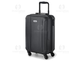 Mala de viagem preta em 3D, moderna e vazia, feita de couro e metal, com alça, design elegante, botão de fecho e estilo