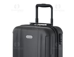Mala de viagem preta em 3D, moderna e vazia, feita de couro e metal, com alça, design elegante, botão de fecho e estilo