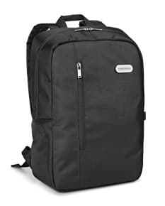 Mochila de couro preta elegante para viagens e negócios. Com fecho em zíper, alça confortável e bolso interno para guardar