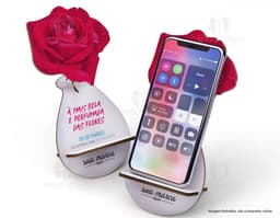MDF cell phone stand with a romantic design, adorned with roses, hearts, golden ribbons, and leaves. Ideal as a gift for