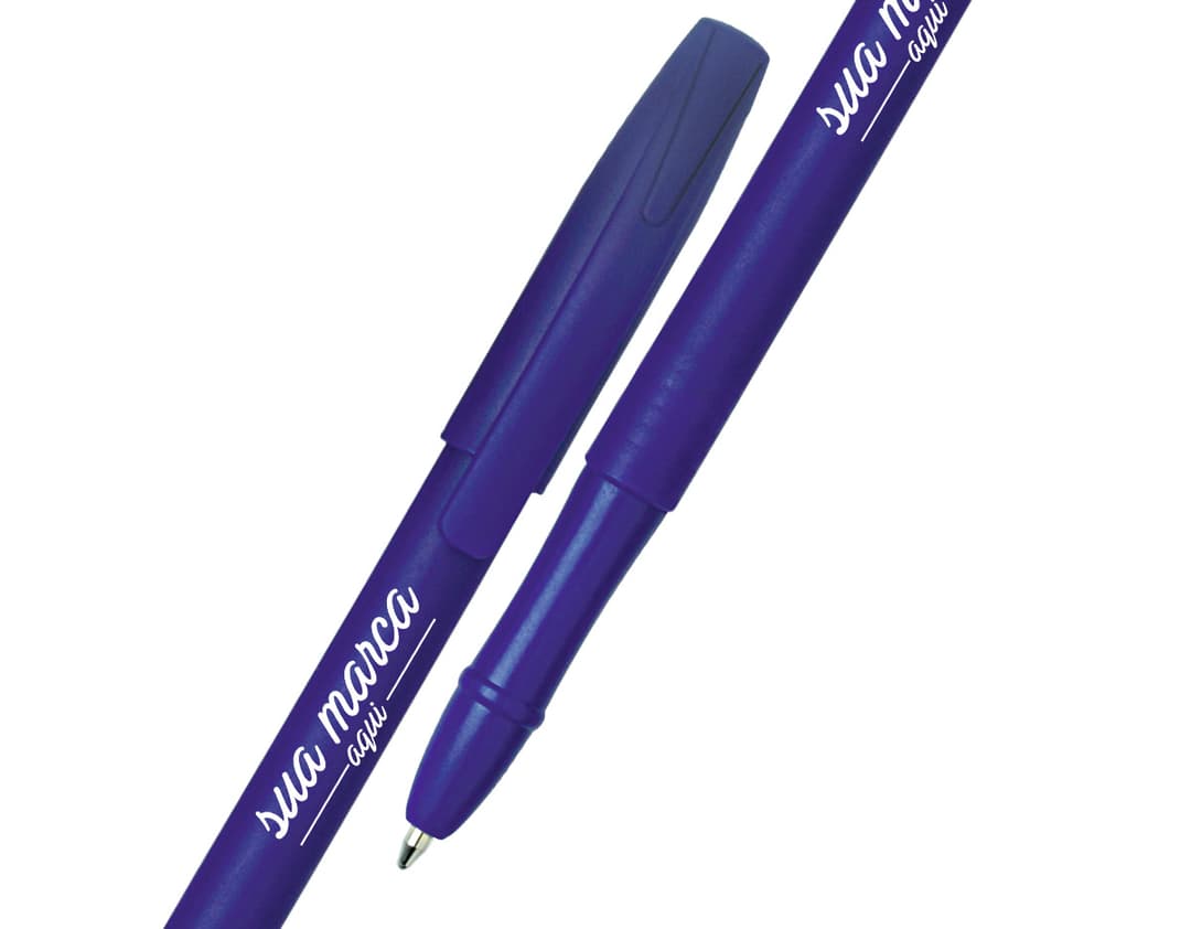 Caneta plástica colorida com tampa e carga seca para escrita fácil e precisa. Ideal para uso no escritório, na escola ou em