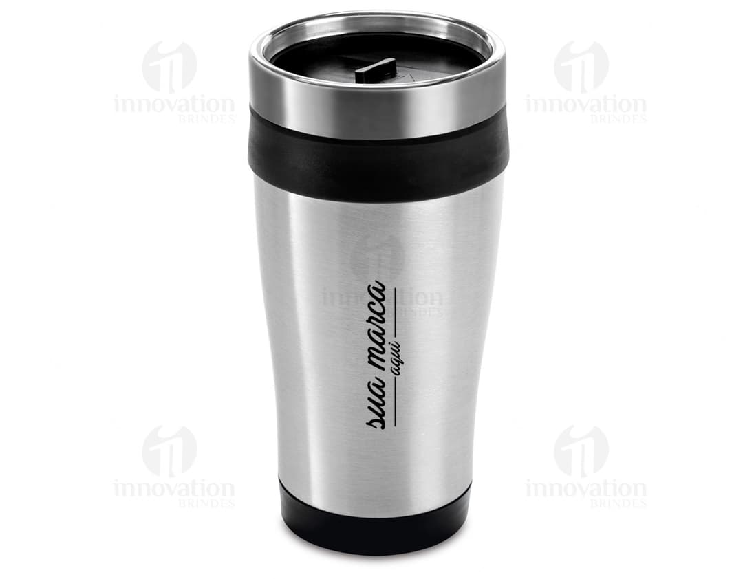 Copo para viagem em aço inox 420ml, ideal para manter sua bebida quente por mais tempo. Com design moderno e prático, possui