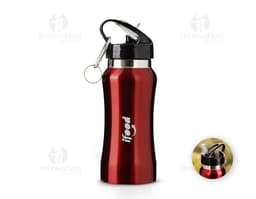 Garrafa de aço inoxidável de 500ml, contendo líquido transparente. O objeto está fechado com uma tampa e é ideal para