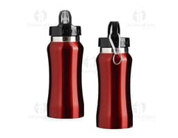 Garrafa de aço inoxidável de 500ml, contendo líquido transparente. O objeto está fechado com uma tampa e é ideal para