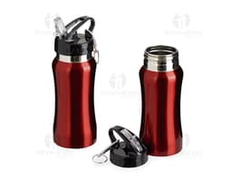 Garrafa de aço inoxidável de 500ml, contendo líquido transparente. O objeto está fechado com uma tampa e é ideal para