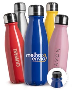 Garrafa alumínio de 550ml com tampa, transparente e vazia, com rótulo limpo e design moderno.