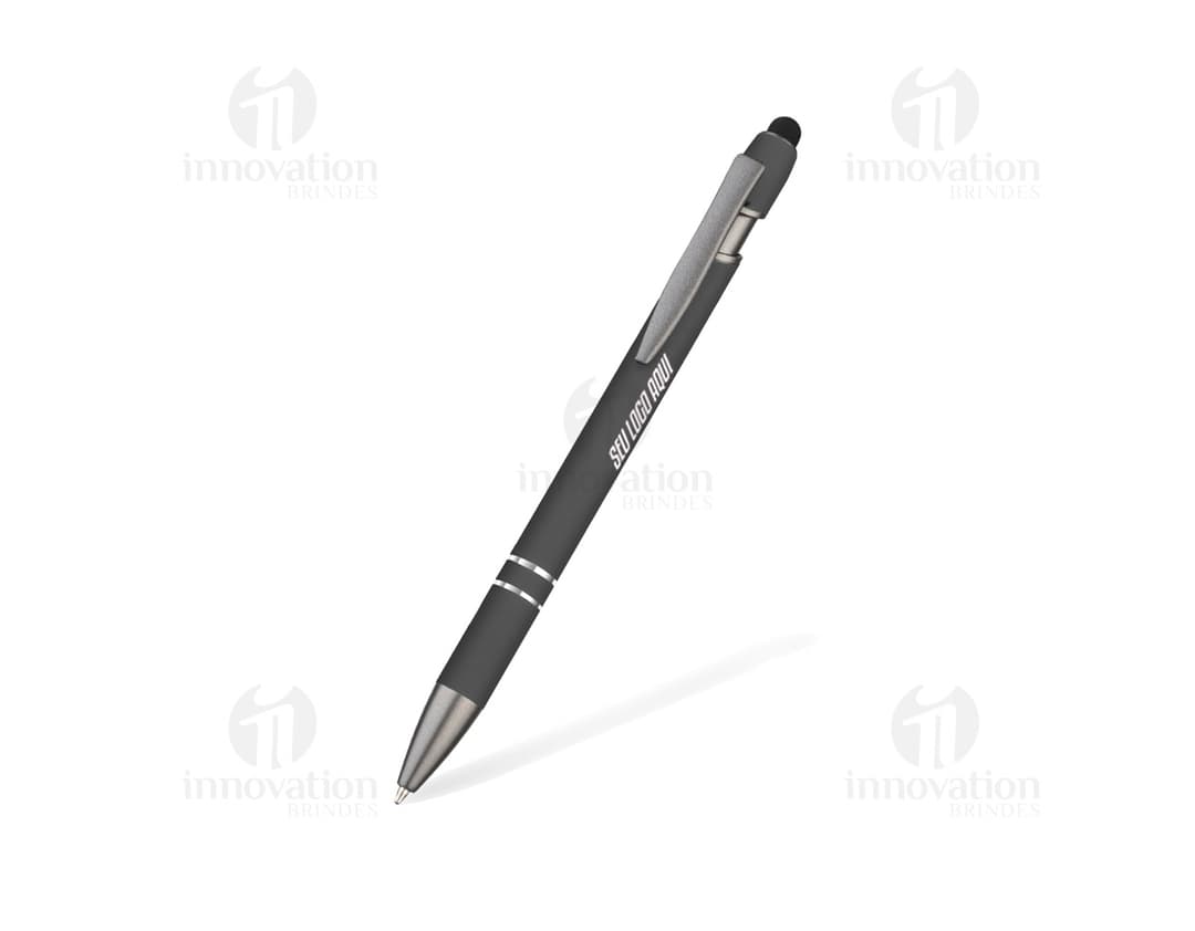 Caneta metálica preta e prateada, objeto de escrita em metal com tinta, ideal para uso em escritório, escola e negócios.