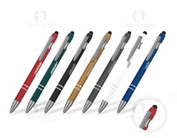 Caneta metálica preta e prateada, objeto de escrita em metal com tinta, ideal para uso em escritório, escola e negócios.