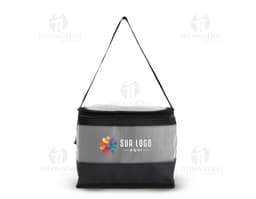 Bolsa térmica preta de 5 litros, feita de couro e equipada com alça, zíper e pega para transporte. Ideal para armazenar