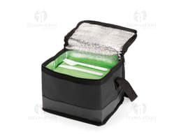 Bolsa térmica preta de 5 litros, feita de couro e equipada com alça, zíper e pega para transporte. Ideal para armazenar