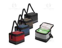 Bolsa térmica preta de 5 litros, feita de couro e equipada com alça, zíper e pega para transporte. Ideal para armazenar