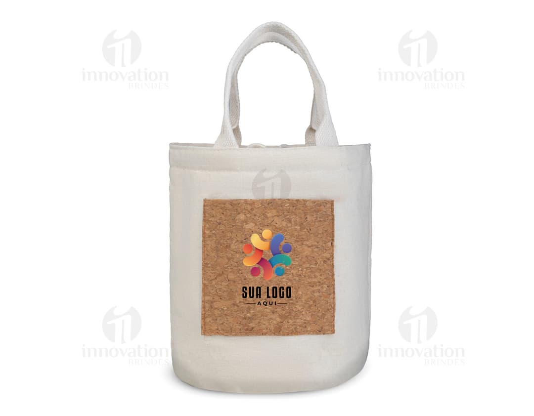 Kühltasche aus Baumwolle und Kork in einem Jutesack mit Sicherheitsverschluss. Verkaufsobjekt mit Griff und Metallverschluss