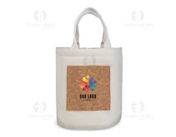 Kühltasche aus Baumwolle und Kork in einem Jutesack mit Sicherheitsverschluss. Verkaufsobjekt mit Griff und Metallverschluss
