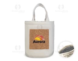 Kühltasche aus Baumwolle und Kork in einem Jutesack mit Sicherheitsverschluss. Verkaufsobjekt mit Griff und Metallverschluss