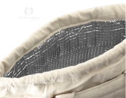 Kühltasche aus Baumwolle und Kork in einem Jutesack mit Sicherheitsverschluss. Verkaufsobjekt mit Griff und Metallverschluss