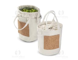 Kühltasche aus Baumwolle und Kork in einem Jutesack mit Sicherheitsverschluss. Verkaufsobjekt mit Griff und Metallverschluss