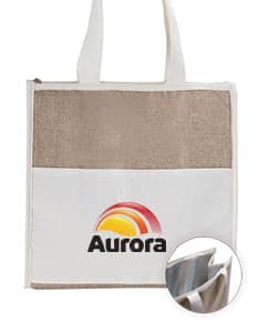 Bolsa Térmica em algodão e Juta em embalagem de papelão aberta, vazia, com fita de presente.