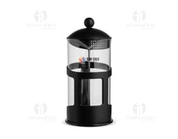 Cafeteira Prensa Francesa 1L de metal prateado, com alça e tampa. Equipamento de cozinha para preparar café.
