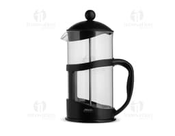 Cafeteira Prensa Francesa 1L de metal prateado, com alça e tampa. Equipamento de cozinha para preparar café.