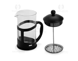 Cafeteira Prensa Francesa 1L de metal prateado, com alça e tampa. Equipamento de cozinha para preparar café.
