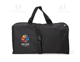 Mala de couro preta com zíper, alça e fivela, ideal para viagens de negócios ou lazer. Acessório de moda elegante e moderno