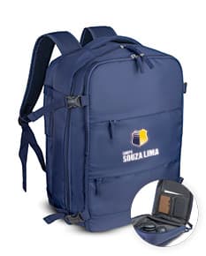 Mochila para notebook preta de couro, moderna e elegante, ideal para viagens de negócios ou lazer. Compartimento único com