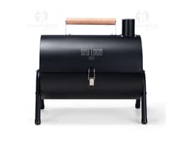 Portable grill in black metal with a modern design. A portable technology device for use in indoor and outdoor settings.