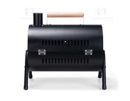 Portable grill in black metal with a modern design. A portable technology device for use in indoor and outdoor settings.