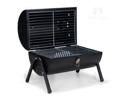 Portable grill in black metal with a modern design. A portable technology device for use in indoor and outdoor settings.