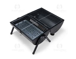 Portable grill in black metal with a modern design. A portable technology device for use in indoor and outdoor settings.