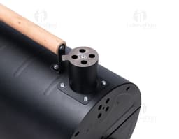 Portable grill in black metal with a modern design. A portable technology device for use in indoor and outdoor settings.