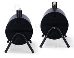 Portable grill in black metal with a modern design. A portable technology device for use in indoor and outdoor settings.