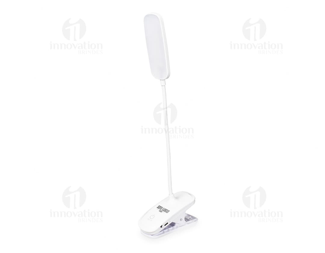 Luminária de mesa recarregável em design moderno e 3D, com botão de ligar e desligar, conexão USB para recarga, ícone digital