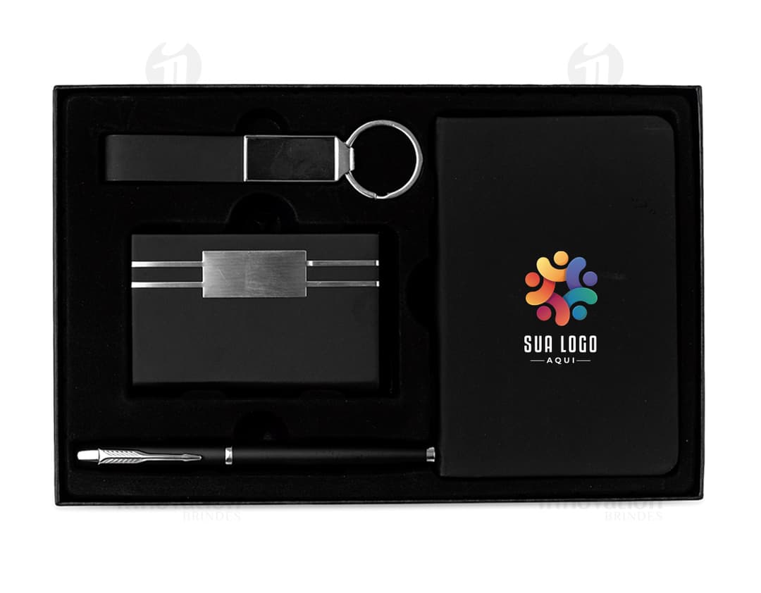 Kit Executivo 4 Peças em preto e amarelo, com ícones de notebook, diskette, ícone de pasta e ícone de mensagem em destaque.