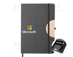 Office kit containing a notebook, tech equipment, various items, mobile phone, makeup products, facial brush, nail polish